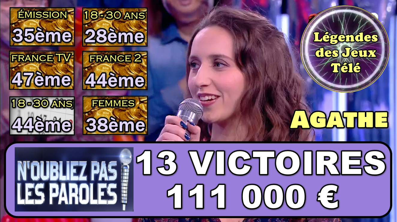 13ème victoires, les 100 000 € franchis : Agathe explose les scores et intègre encore plus l’histoire des jeux TV !!!