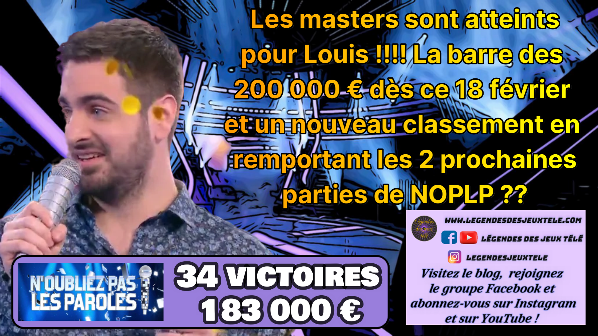 Louis rentre dans le club des masters de « n’oubliez pas les paroles », se rapproche du palier des 200 000 €… Mais également des 36 victoires et un nouveau TOP 50 !!!
