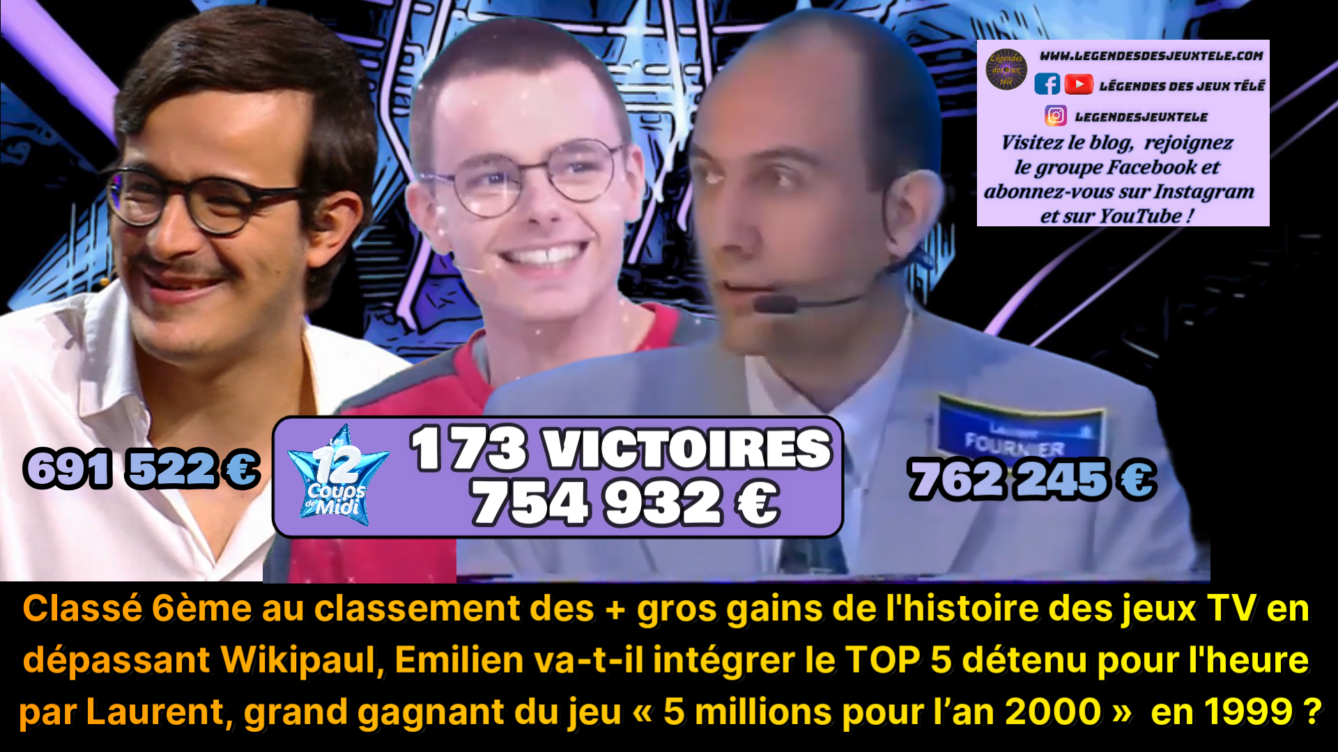 Emilien va-t-il se hisser dans le quinté de tête du panthéon des gagnants des jeux TV en dépassant Laurent du jeu « 5 millions pour l’an 2000 » ?