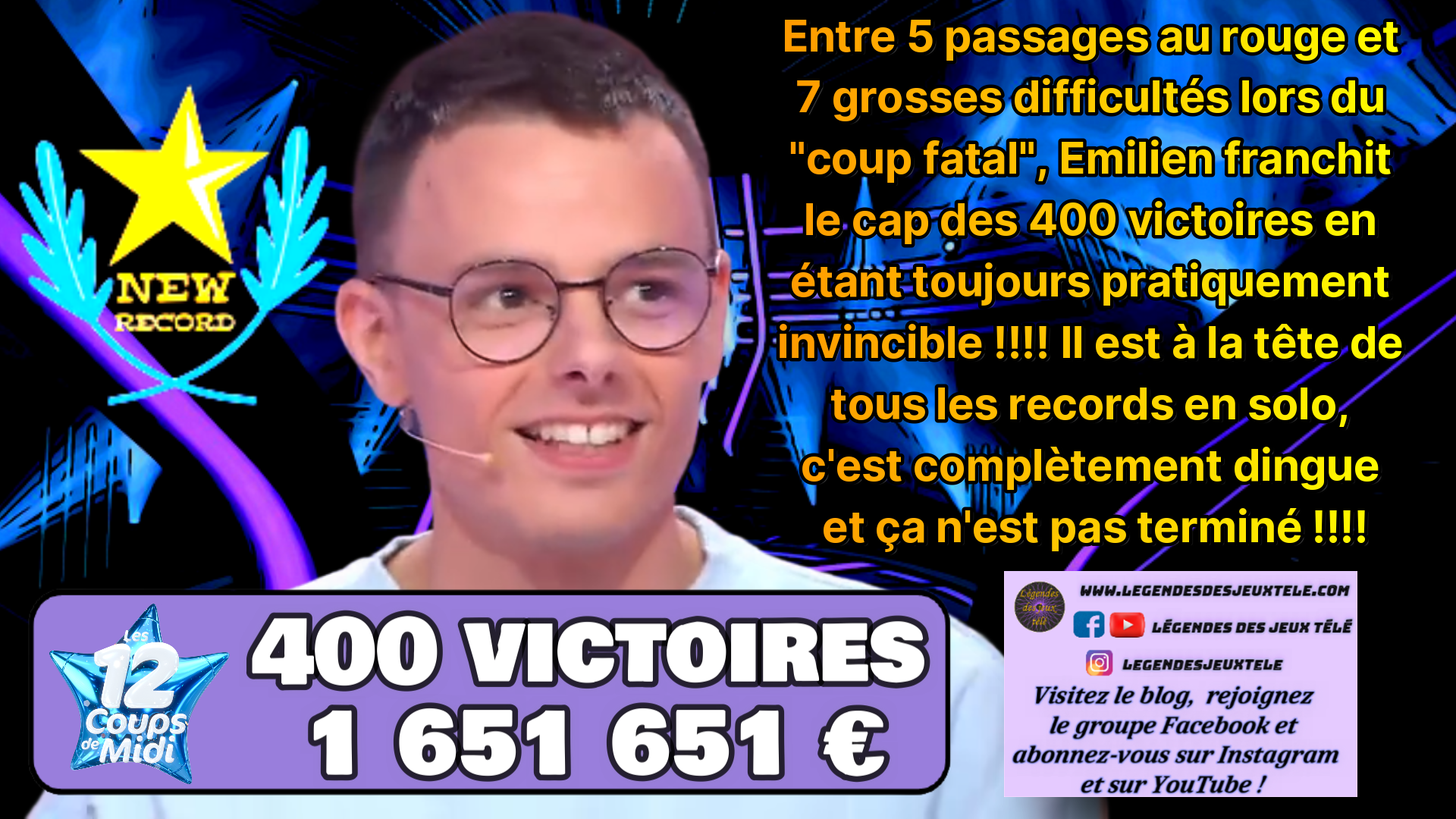 Historique : Emilien devient le tout premier candidat à remporter 400 émissions gagnantes en solo dans un jeu télévisé !!!